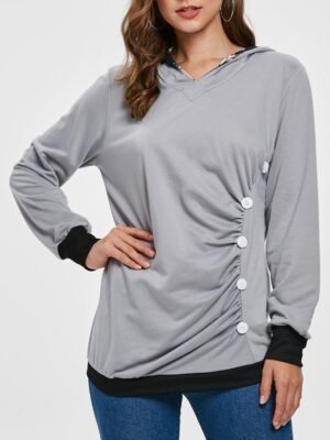 Printed Panel Button Pullover Hoodie