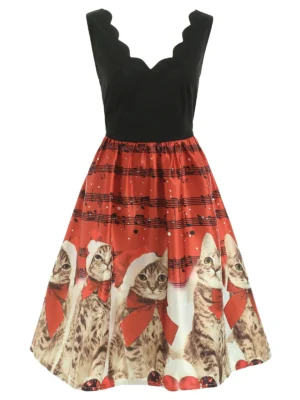 Christmas Cats Musical Notes Print Sleeveless Dress