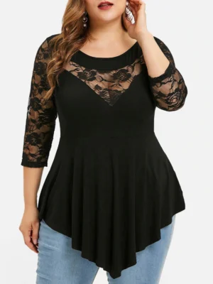 Lace Panel Asymmetrical Plus Size Top