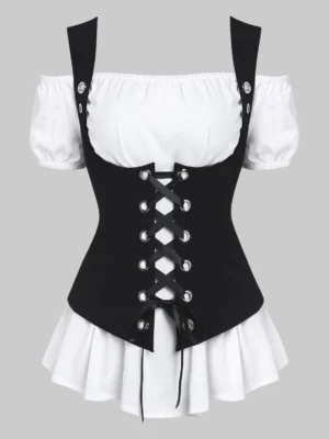 Off Shoulder Casual Blouse and Lace-up Waistcoat Set