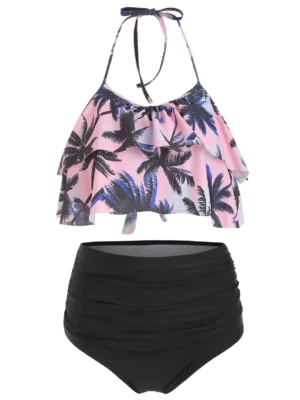 Hawaii Coconut Palm Flounce High Waisted Bikini Set