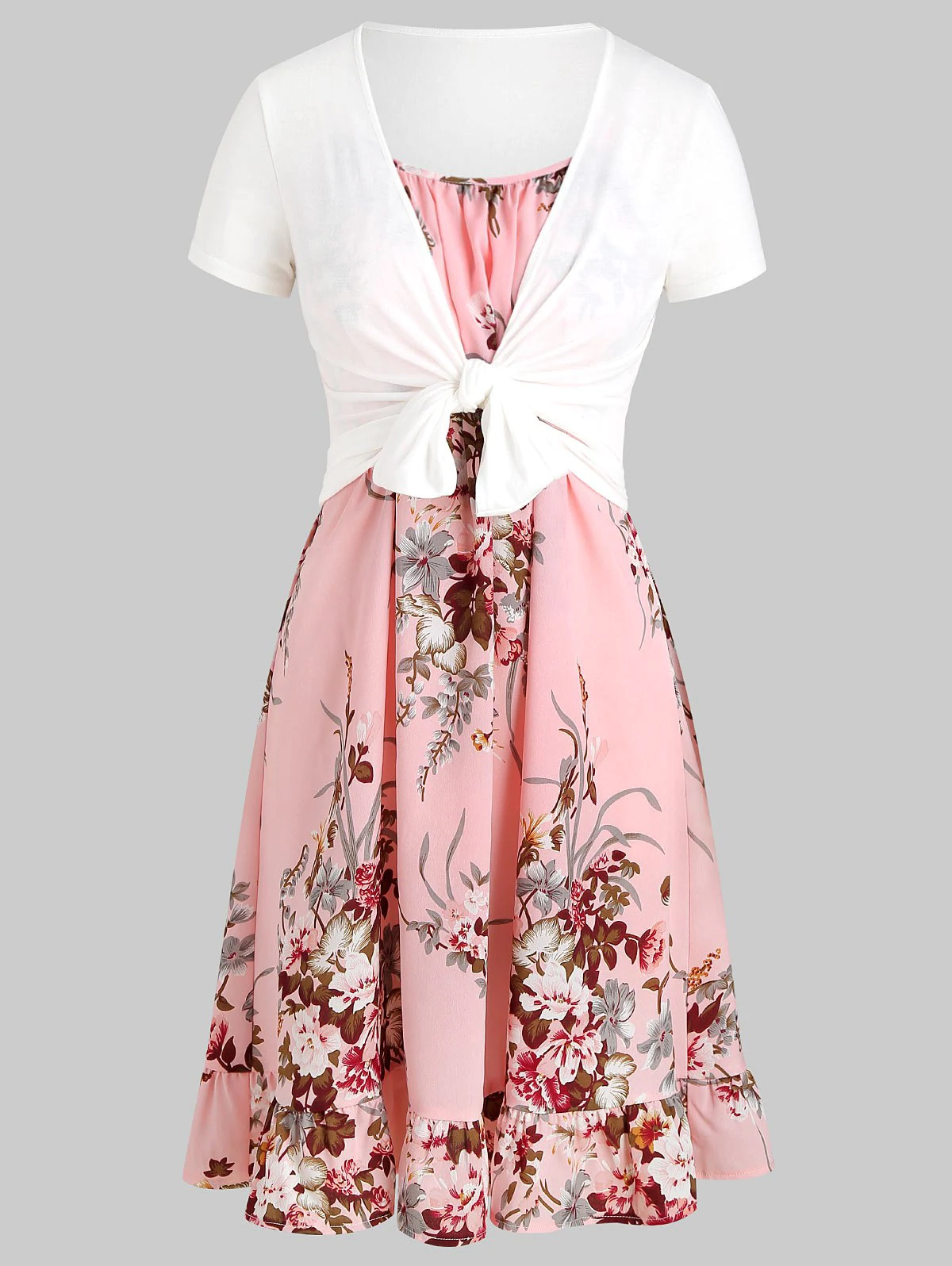 Floral Cami Flounce Dress with Wrap T-shirt