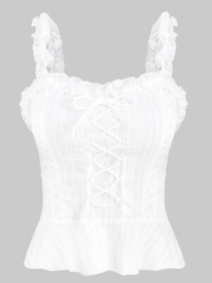 Flounce Lace Up Smocked Tank Top