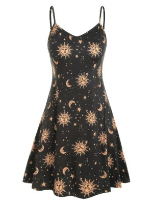 Sun Stars Moon Print Plus Size Trapeze Dress