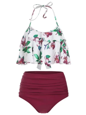Halter Flower Print Flounce Bikini Swimwear