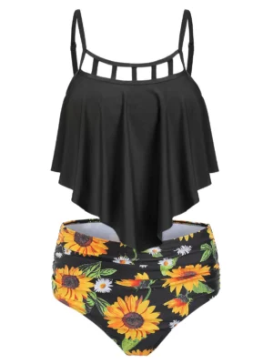 Cut Out Sunflower Overlay Tankini Set