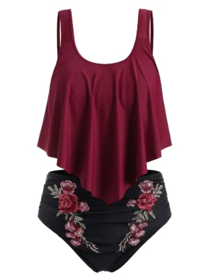 Plus Size Overlay Embroidery Bikini Swimsuit