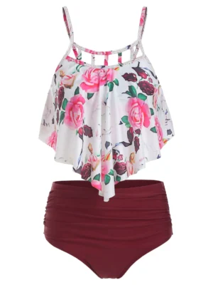 Floral Print Cut Out Ruched Tankini Set