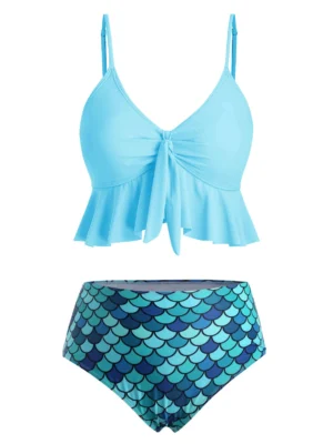 Flounce Knot Scale Print Mermaid Tankini Swimsuit