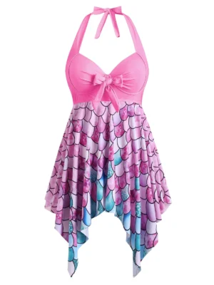 Palm Tree Flamingo Fishscale Polka Dot Bowknot Plus Size Tankini