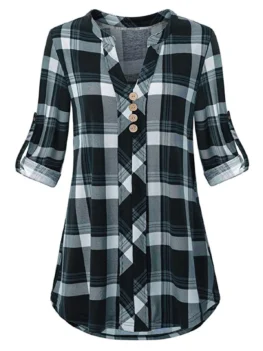 Plus Size Plaid Roll Tab Sleeve Blouse
