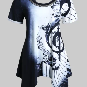 Plus Size Asymmetrical Musical Notes Print Chains Embellished Te