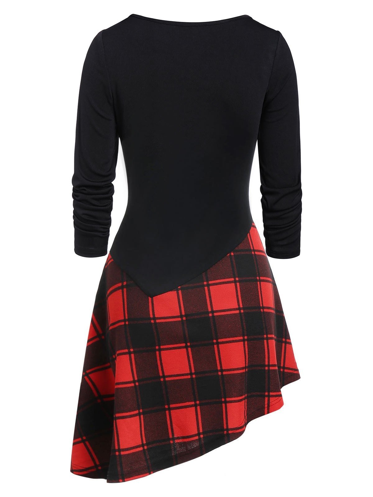 Asymmetrical Skew Neck Ruched Lace Up Plaid T-shirt