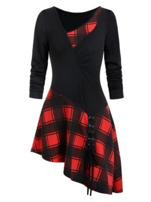 Asymmetrical Skew Neck Ruched Lace Up Plaid T-shirt