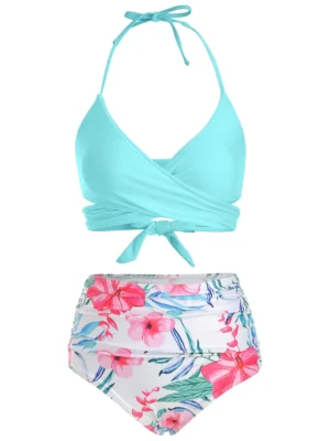 Floral Print Halter Wrap Bikini Swimsuit