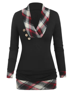 Checked Panel Button Tunic T Shirt