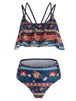 Ditsy Print Lattice Flounce Bikini Swimsuit