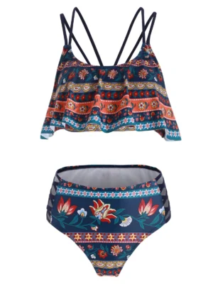 Ditsy Print Lattice Flounce Bikini Swimsuit