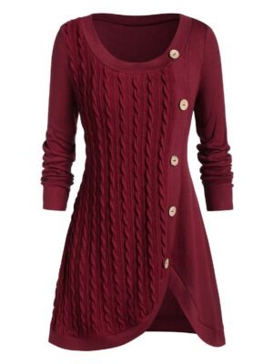 Plus Size Buttoned Front Slit Cable Knit Sweater