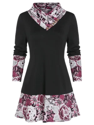 Flower Snakeskin Print A Line Buttoned Long Sleeve Tee