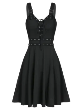 Lace Up Solid Fit And Flare Gothic Dress