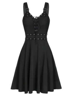 Lace Up Solid Fit And Flare Gothic Dress