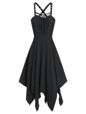 Sleeveless Lace-up Front Grommet Handkerchief Gothic Dress