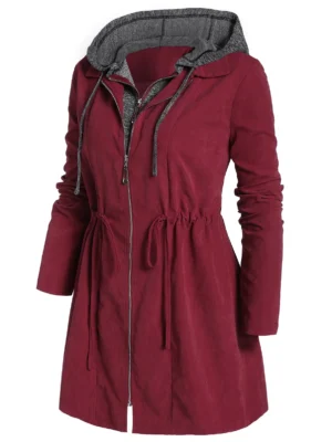 Plus Size Zipper Fly Hooded Space Dye Coat