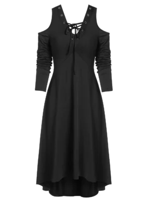 Open Shoulder Lace Up Midi Gothic Dress
