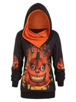 Plus Size 3D Pumpkin Print Convertible Halloween Hoodie