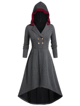 Plus Size High Low Hooded Button Coat
