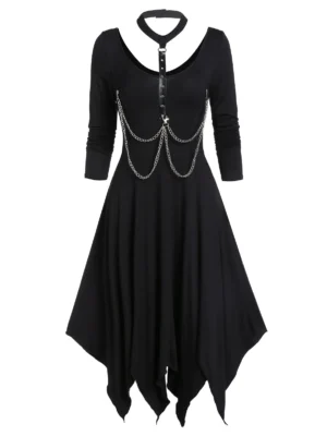 Asymmetrical Choker Chains Handkerchief Long Sleeve Dress
