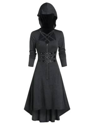 Hooded Lobster Buckle Strap High Low Gothic Dress