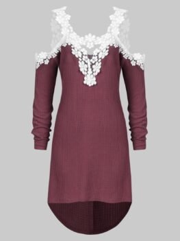 Plus Size Lace Applique Cold Shoulder High Low Knitwear