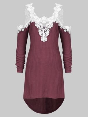 Plus Size Lace Applique Cold Shoulder High Low Knitwear
