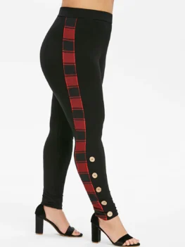 Plus Size High Waist Plaid Trim Buttoned Pants