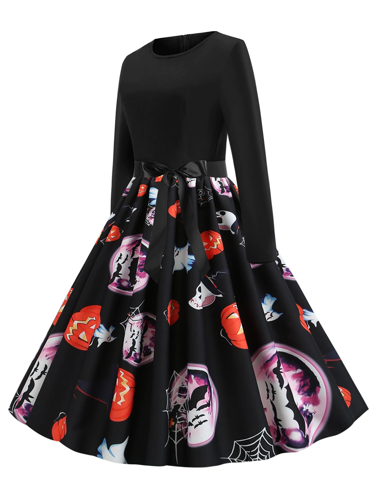 Plus Size Vintage Pumpkin Ghost Printed Halloween Swing Dress