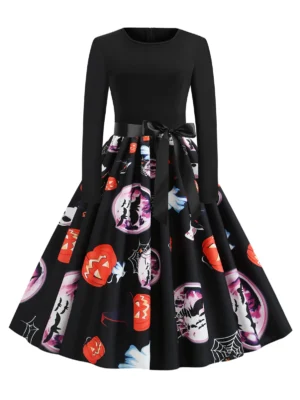 Plus Size Vintage Pumpkin Ghost Printed Halloween Swing Dress