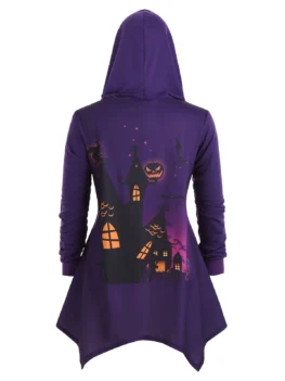 Hooded Bat Pumpkin Print Plus Size Asymmetrical Halloween Coat