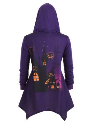 Hooded Bat Pumpkin Print Plus Size Asymmetrical Halloween Coat