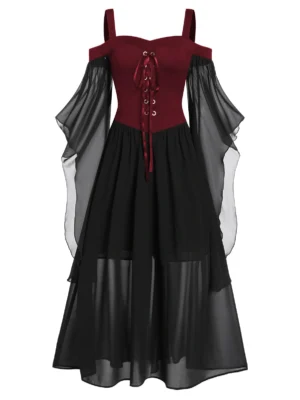Plus Size Cold Shoulder Butterfly Sleeve Lace Up Halloween Dress