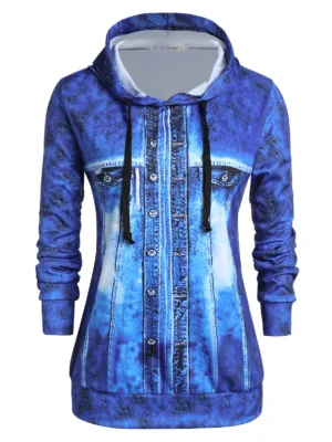 Plus Size 3D Faux Denim Jacket Print Pullover Hoodie