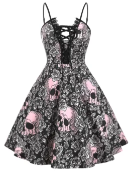 Halloween Skull Print Lace Up Lace Trim Plus Size Dress