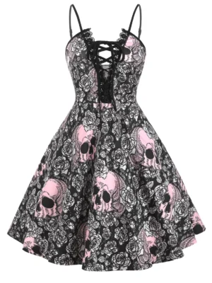 Halloween Skull Print Lace Up Lace Trim Plus Size Dress