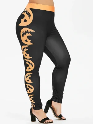 Plus Size Halloween Pumpkin Face Print Skinny Leggings