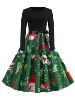 Santa Claus Snowman Christmas Belted Flare Dress