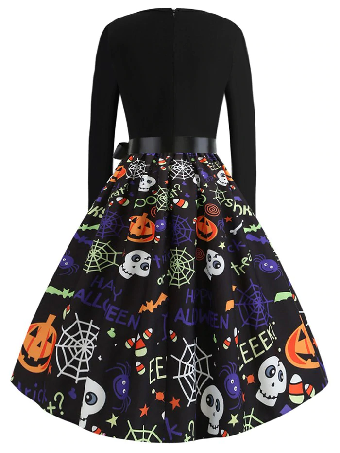 Pumpkin Skull Spiders Belted Flared Halloween Dress