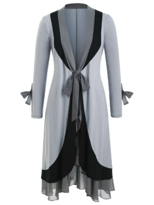Knotted Chiffon Panel Flounces Plus Size Duster Coat