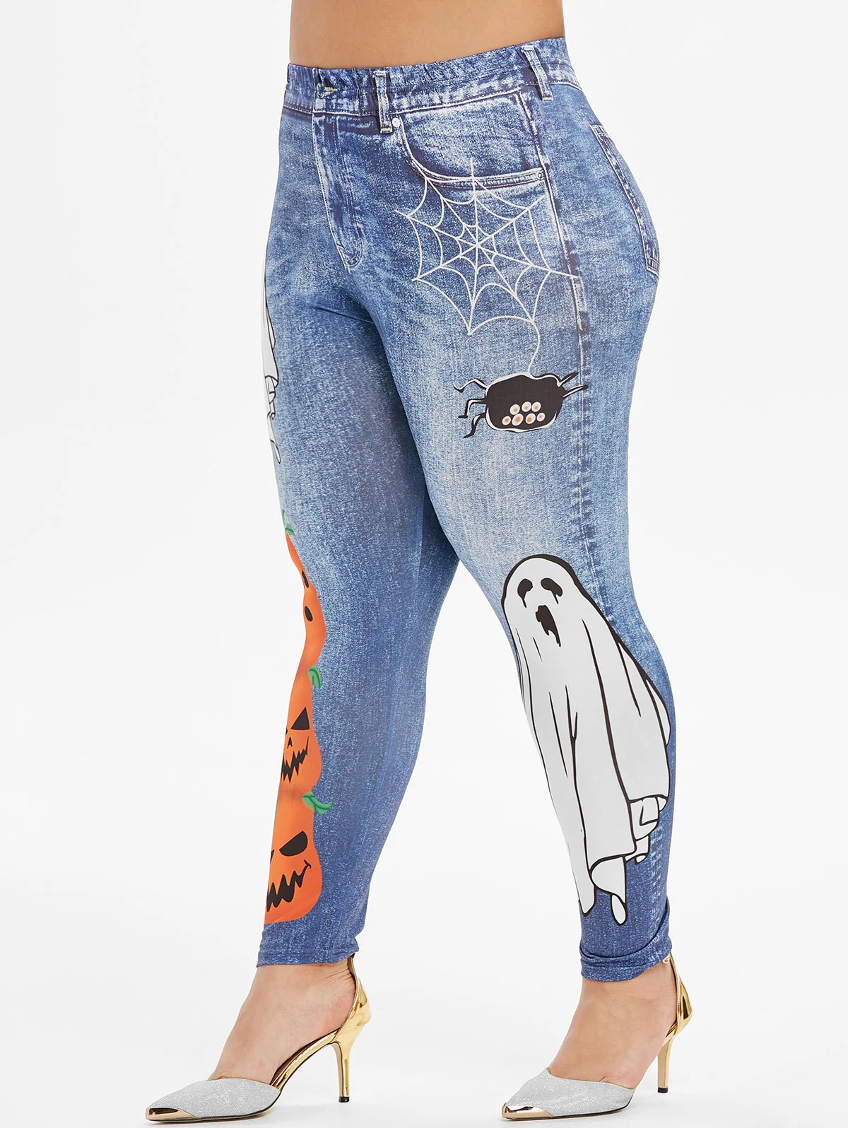 Plus Size Ghost Pumpkin Print Halloween 3D Jeggings