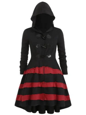Hooded Contrast Flounce Plus Size High Low Duffle Coat